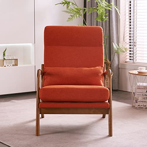Accent Chair High Back Mid-Century Modern, Burnt Orange | Linen Fabric Upholstered, Walnut Color Solid Rubber Wood Frame, Soft Cushion with Pillow, For Living Room, Bedroom, Balcony
