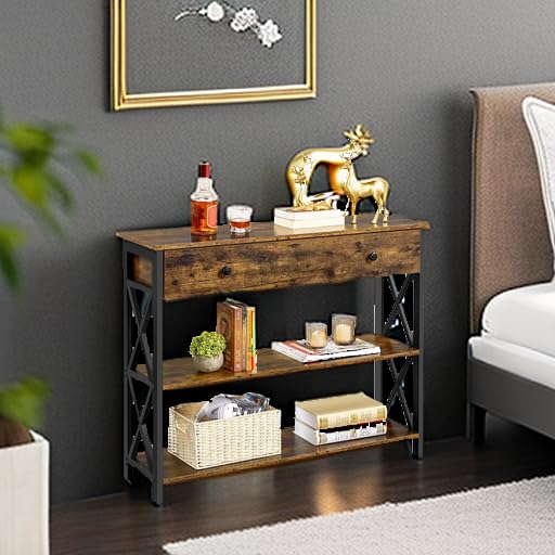 Yaheetech Console Table with Drawer, Sofa Table with Storage Shelves, 39.5 Inch Entryway Tables with Metal Frame, for Living Room, Entryway, Hallway, Rustic Brown