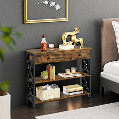 Yaheetech Console Table with Drawer, Sofa Table with Storage Shelves, 39.5 Inch Entryway Tables with Metal Frame, for Living Room, Entryway, Hallway, Rustic Brown