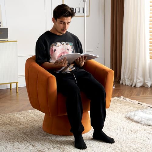 360° Swivel Velvet Accent Chair with Fluffy Cushions, Orange