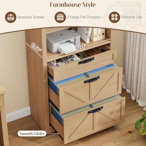 Natural Wood Arched Bookcase with File Drawers, 3-Tier Shelves, view 7
