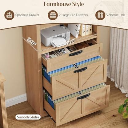 Natural Wood Arched Bookcase with File Drawers, 3-Tier Shelves, view 7