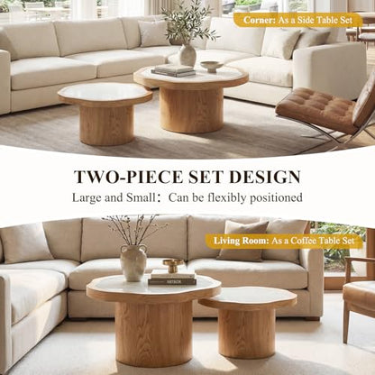 Nesting Coffee Table Set of 2, Modern Coffee Table and End Table Set, Fiberglass Top Wood Grain Accent Table for Living Room Bedroom, Natural Color