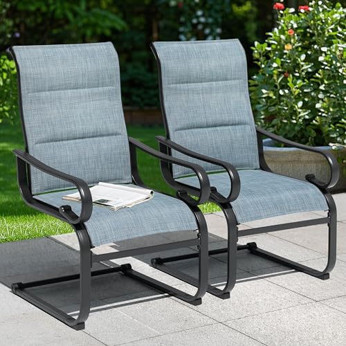 Set of 2 Padded Textilene Patio Dining Chairs C Spring Outdoor Chairs with Curved Armrests Powder Coated Metal Frame Patio Furniture for Garden Backyard Poolside Lawn Blue and Black