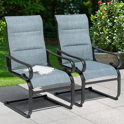 Padded Textilene Patio Dining Chairs Set of 2, C-Spring Patio Chairs with Curved Armrests, Powder-Coated Metal Frame Patio Furniture for Backyard Garden Poolside Lawn, Blue and Black