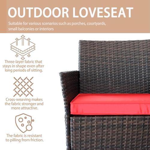 3 Piece Patio Furniture Set Outdoor PE Rattan Wicker Chair with Soft Cushion and Glass Coffee Table for Garden Backyard Porch Poolside (Brown/Red)