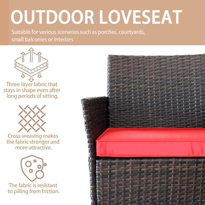 3 Piece Patio Furniture Set Outdoor PE Rattan Wicker Chair with Soft Cushion and Glass Coffee Table for Garden Backyard Porch Poolside (Brown/Red)