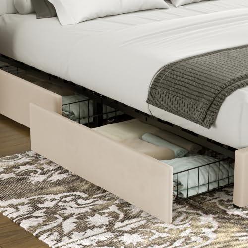Velvet Platform Storage Bed with Wooden Slats, Beige, view 5