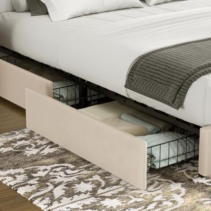 Velvet Platform Storage Bed with Wooden Slats, Beige, view 5