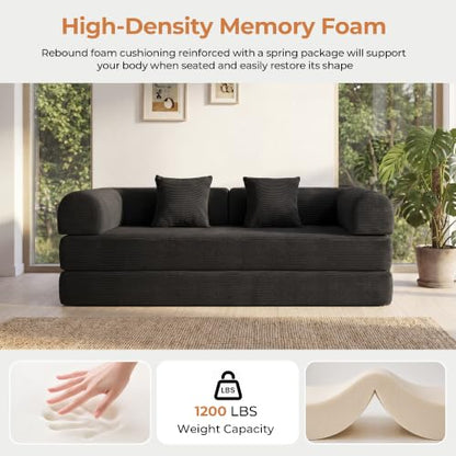 79'' Convertible Sofa Bed, 5-in-1 Folding Boneless Couch, Pull Out Floor Sleeper, Modular Lounge Sofa for Living Room Bedroom, Multi-Function Foldable Sofa (Black)