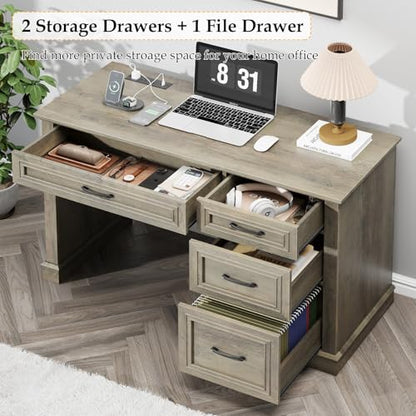 Farmhouse 47" Executive Desk, Computer Desk with Drawers and File Drawer, Workstation Computer Desk with Charging Station for Home Office,Study,（Dark Grey