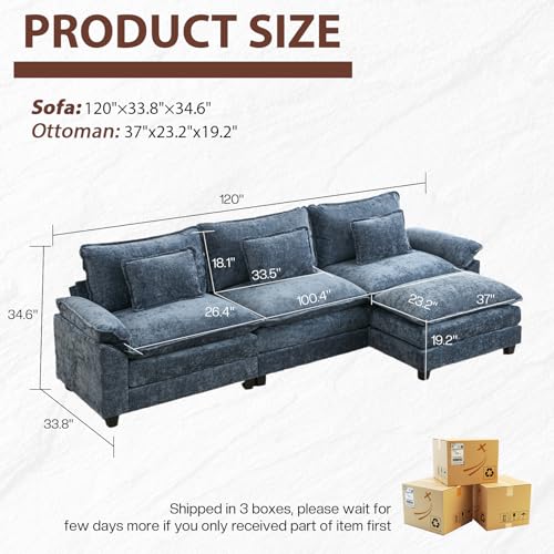 Modular Sectional Sofa, Cloud Couch with Ottoman, Deep Seat L Shaped Chenille Sofa Couches for Living Room Apartment (Blue, L Shaped-3 Seat & Ottoman)