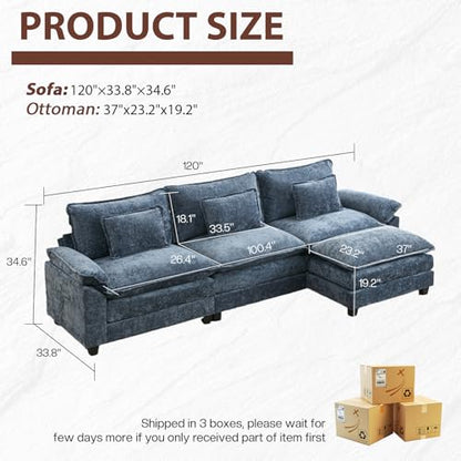 Modular Sectional Sofa, Cloud Couch with Ottoman, Deep Seat L Shaped Chenille Sofa Couches for Living Room Apartment (Blue, L Shaped-3 Seat & Ottoman)