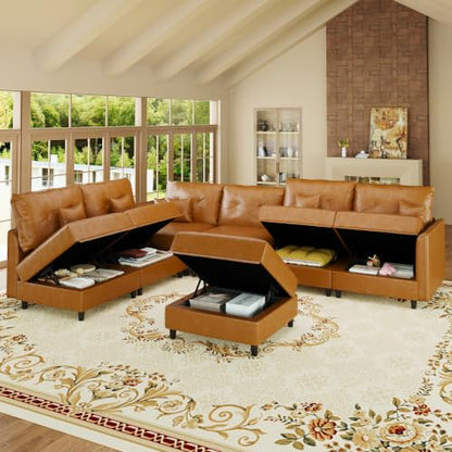 7-Seater L-Shaped Sectional Modular Sofa with Storage, Deep Seat Faux Leather Couches for Living Room, Waterproof & Scratch Resistant, Cognac Tan