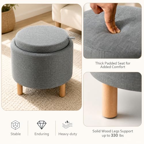 Round Storage Ottoman with Tray, Accent Storage Footstool, Gray, view 7