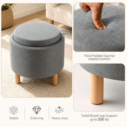 Round Storage Ottoman with Tray, Accent Storage Footstool, Gray, view 7