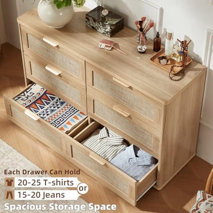 Rattan 6 Drawer Dresser for Bedroom, Boho 48" Wide Natural Wood Dresser Chest of Drawers, Dressers TV Stand with Metal Handle, Storage Dressers Closet Organizer for Living Room, Hallway
