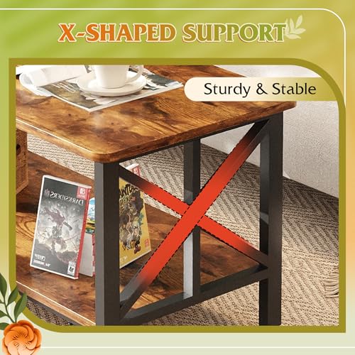 Coffee Table for Living Room, 39" Modern 2-Tier Center Table with Round Corners, Storage Shelf, Farmhouse Style Small Coffee Table with Metal Frame, Rustic Brown