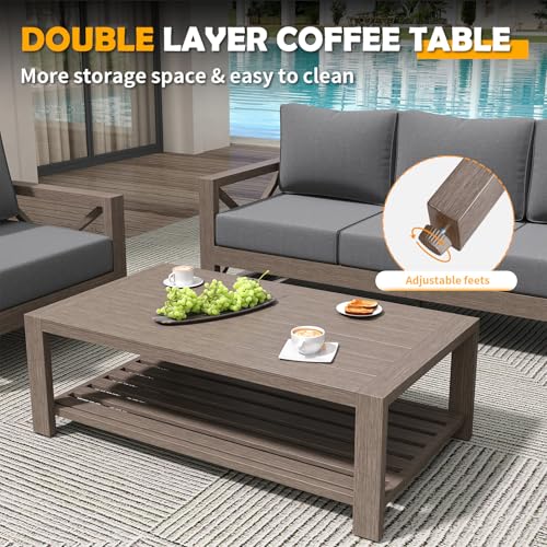 Aluminum Patio Furniture Set, 8 Pieces Modern Metal Outdoor Furniture, Faux Wood Grain Finish Frame Patio Sofa Sets with 6" Cushion for Backyard, Dark Grey (Included Waterproof Covers)