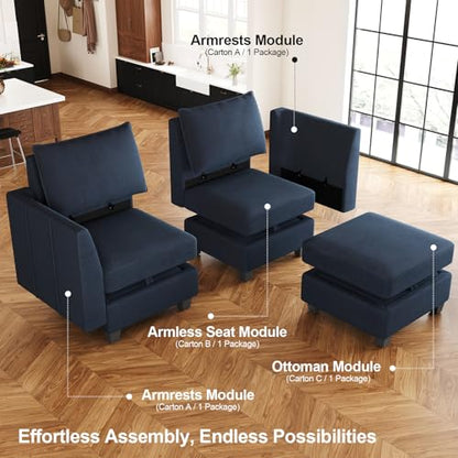 Modular Sectional Sofa U Shaped Couch with Storage Ottoman Velvet Sectional Couch for Living Room, Blue