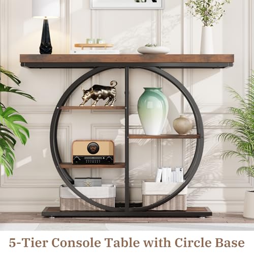 41.3" Console Table for Entryway, Industrial Hallway Sofa Table with Storage Shelves, Narrow Accent Decor Living Room Furniture with Circle Base for Foyer, Entrance, Rustic Brown