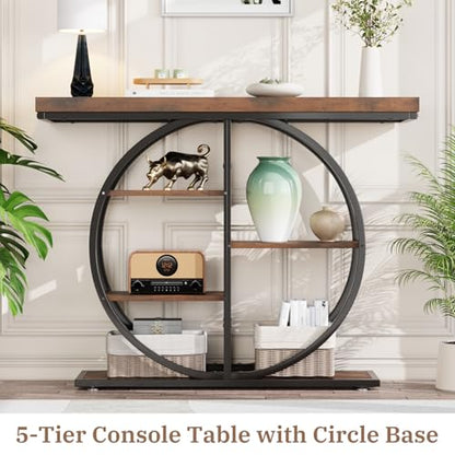 41.3" Console Table for Entryway, Industrial Hallway Sofa Table with Storage Shelves, Narrow Accent Decor Living Room Furniture with Circle Base for Foyer, Entrance, Rustic Brown