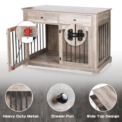 44-inch Wooden Dog Crate with 2 Storage Drawers, End Table, Grey, view 7