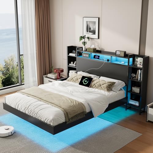 Metal Floating Bed Frame with Storage MDF Headboard and Bookcase for Bedroom, view 7