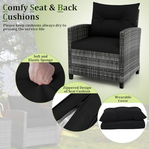 3 Piece Patio Furniture Set, Wicker Bistro Conversation Set w/2 Cushioned Armchairs & Glass Topped Table, Outdoor Rattan Sofa Set Patio Furniture for Porch Balcony Poolside (Grey-Black)