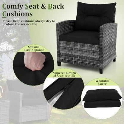 3 Piece Patio Furniture Set, Wicker Bistro Conversation Set w/2 Cushioned Armchairs & Glass Topped Table, Outdoor Rattan Sofa Set Patio Furniture for Porch Balcony Poolside (Grey-Black)