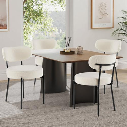 Dining Chairs Set of 4, Boucle Upholstered Modern Mid Century Round Kitchen Chairs with Curved Backrest & Metal Legs for Vanity, Living Room - Beige