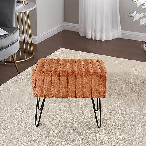 Super Mink Faux Fur Orange Ottoman Bench, 19" x 13" x 17" H, Honey Ginger, Living Room Foot Rest Stool Entryway Makeup Bench End of Bed Bedroom Home Decor Chair for Sitting