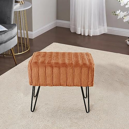 Super Mink Faux Fur Orange Ottoman Bench, 19" x 13" x 17" H, Honey Ginger, Living Room Foot Rest Stool Entryway Makeup Bench End of Bed Bedroom Home Decor Chair for Sitting