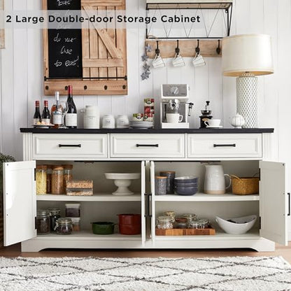 66" Farmhouse Buffet Cabinet with Storage, Sideboard Credenza with 4 Door Cabinets, Adjustable Shelves & 3 Drawers, Coffee Bar Cabinet for Dining Room, Kitchen, Living Room, Off White