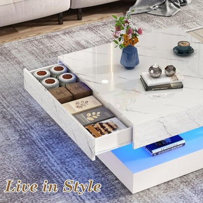 33.9 Inch Modern LED Coffee Table with Storage - High Gloss Black Square Center Table with 2 Drawers, Double-Layer Design for Living Room, Home Office Furniture,White Marble