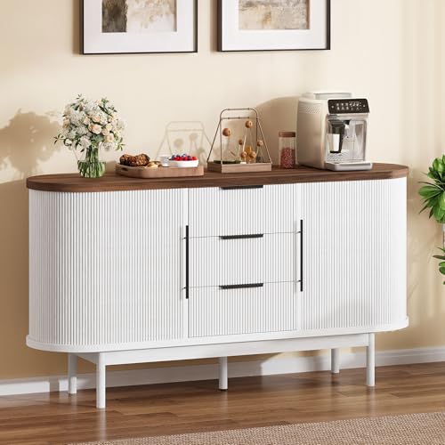 Fluted Sideboard Buffet Cabinet with Storage, White & Brown, view 5