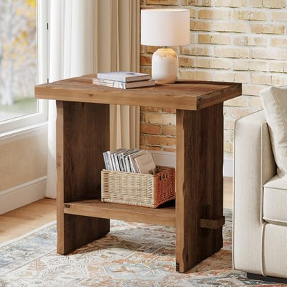 Solid Wood Side Table, Wooden End Table with Solid Base, Accent Furniture Bedside Storage for Living Room and Bedroom (2, Brown)