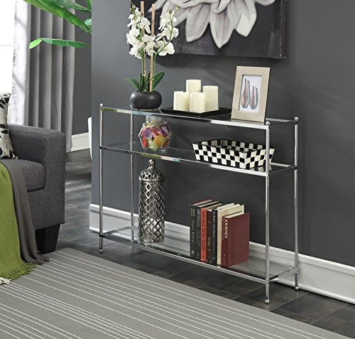 Royal Crest Glass Console Hall Table 42" - 3 Tier Modern, Contemporary Narrow Display Accent with Storage Shelves for Living Room, Entryway, Hallway, & Bedroom, Chrome