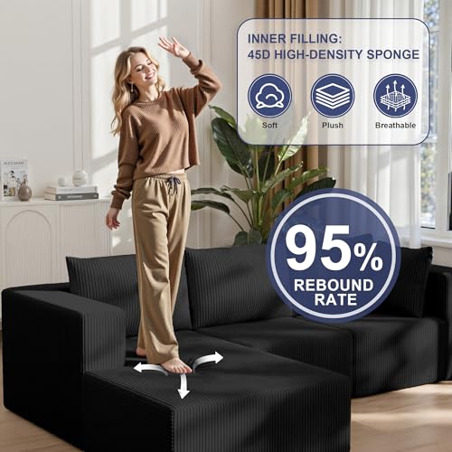 108" Boneless Couches for Living Room, Modular Cloud Couch Sofa - L Shap Corduroy Sectional Sofa, Fluffy Memory Foam Sleeper Sofa Furniture, No Assembly, Wide Armrest, Black