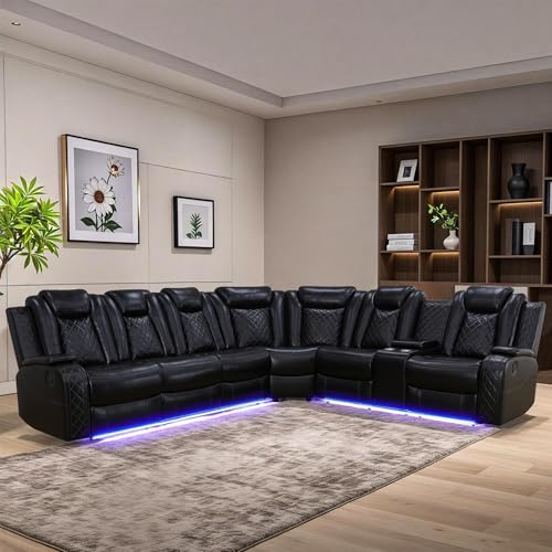 Power Recliner Sectional Sofa Set for Living Room, Leather Recliner Sofa Sets, L-Shaped Corner Sectional Couch Sets with LED Lights, Console Storage(Sectional,Black)