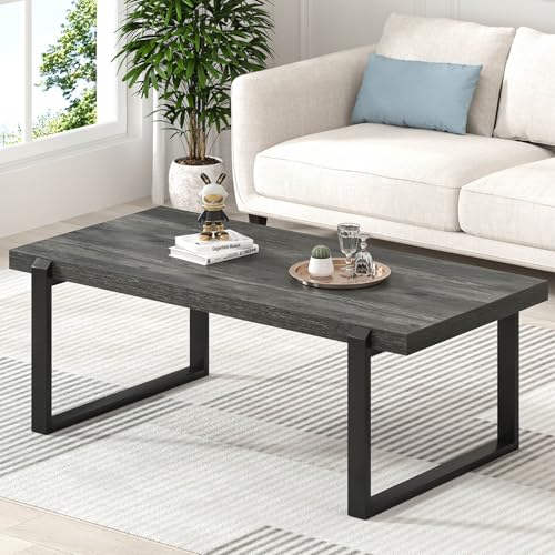 Modern Coffee Table, Rustic Wood and Metal Center Table, Rectangle Cocktail Tea Table for Living Room, Grey, 44 Inch