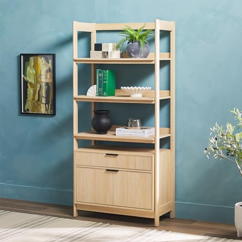Transitional Open Reeded 4-Shelf Bookshelf with Drawers on Bottom, Versatile Bookcase with Bottom Storage for Home Office, Living Room, Bedroom, 33”W x 16.75”D x 70”H, Coastal Oak