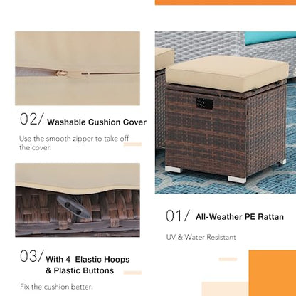 2 Piece Outdoor Patio Ottomans, All-Weather Brown PE Rattan Wicker Ottoman with Storage, Outdoor Footrest Footstool Seat w/Thick Cushion, Built-in Handle for Backyard Poolside Porch (Beige)