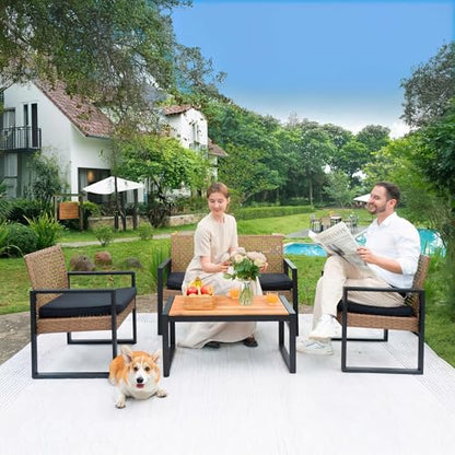 Wicker Patio Furniture Outdoor Conversation Set of 4, Rattan Outdoor Furniture Set, Acacia Wood Table, 2 Chairs, 1 Loveseat, 2” Cushions, All Weather Set for Patio, Porch, Balcony (Brown)