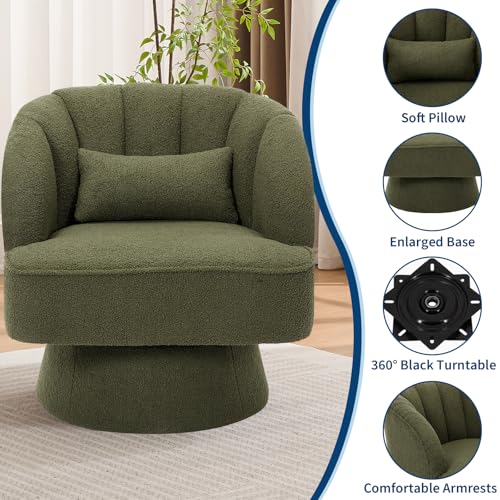 Modern Swivel Barrel Accent Chair, 360° Teddy Fabric Upholstered Armchair with Striped Backrest & Plush Padding, Comfy Round Lounge Chair for Living Room, Bedroom, Reading Nook, Green