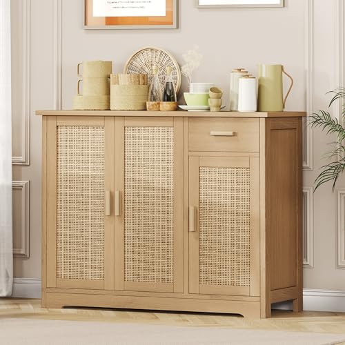 Rattan Sideboard Buffet Cabinet with Storage, Accent Kitchen Cabinet with 3 Doors & Drawer, Storage Cabinet with Adjustable Shelves, Coffee Bar for Living Room, Entryway, Natural Oak