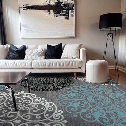 Modern Floral Scroll Area Rug, Fade-Resistant Carpet for Bedroom, Office, or Living Room, Gray, 6'6" x 9'
