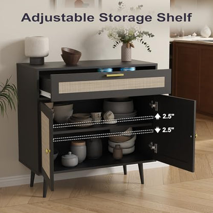 Rattan Sideboard Buffet, Boho Kitchen Cabinet with Drawer & 2 Doors, Modern Mid Century Accent Cabinet with Adjustable Shelf, Coffee Bar for Living Room, Entryway, Kitchen, Black
