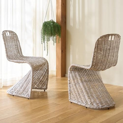 SAFAVIEH Furniture - Cilombo Dining Chair Set of 2 - White Washed Rattan - Sculptural Woven Design - Fully Assembled - Ideal for Dining Room, Kitchen (SEA7007B-SET2)