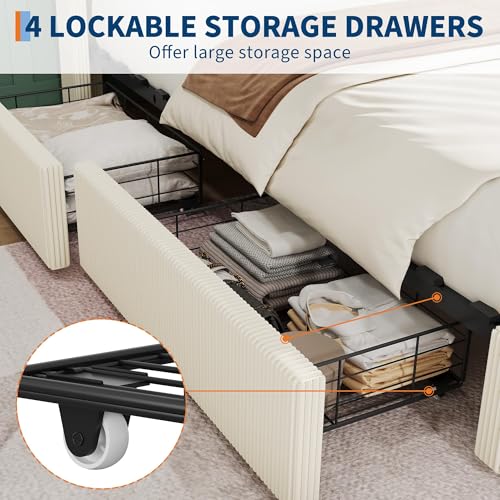 King Bed Frame with 4 Storage Drawers, Corduroy Upholstered Platform Bed, view 8